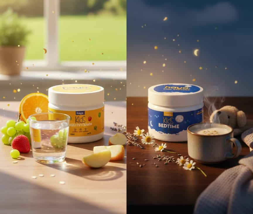 Two scenes showing jars of yogurt with a window view and a cozy indoor setting.