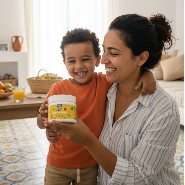 Woman and child holding a container together in a home setting